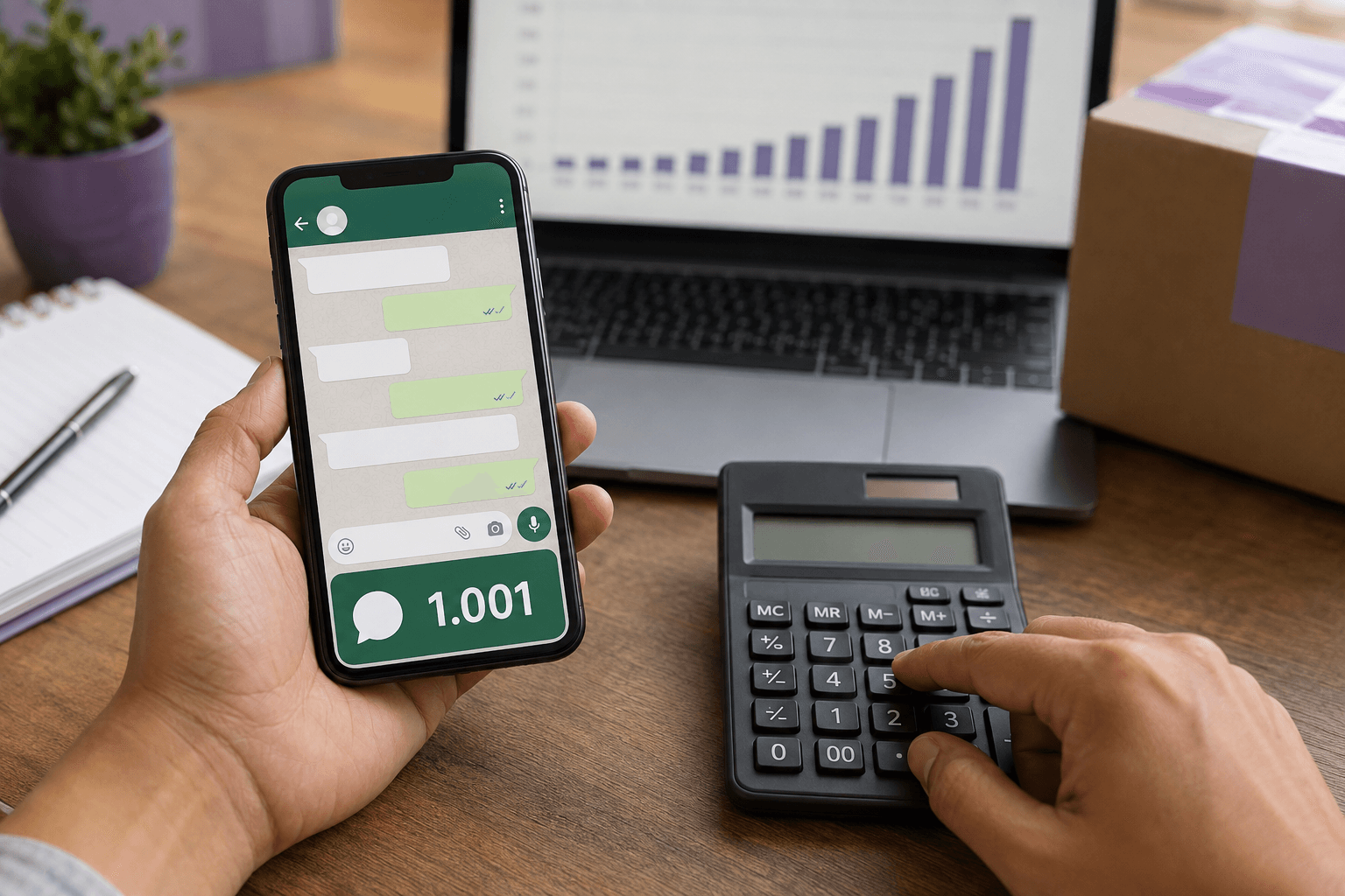 Conversación de atención en un teléfono junto a una calculadora y un gráfico de volumen de mensajes